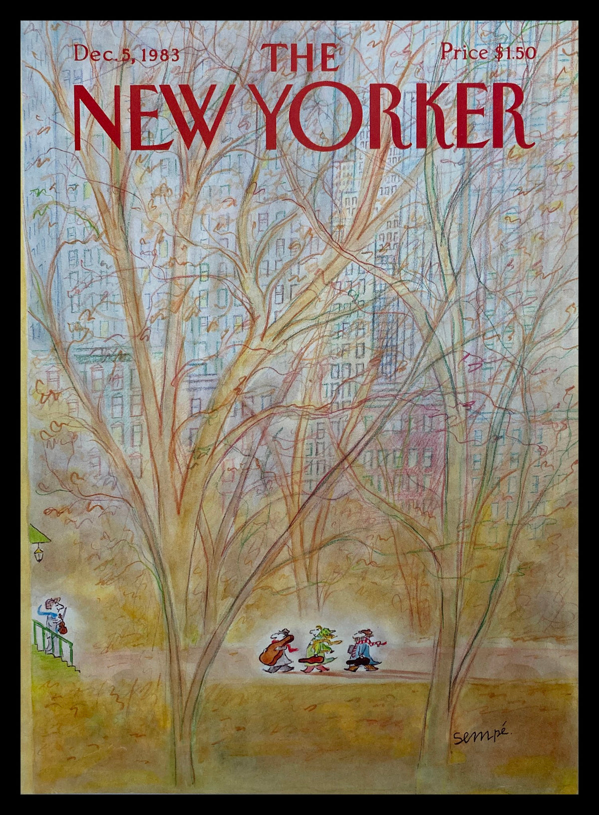 Cover of The New Yorker from December 5, 1983, featuring the title 'THE NEW YORKER' and a whimsical illustration by J.J. Sempe, depicting characters walking through a tree-lined street in a muted color palette.