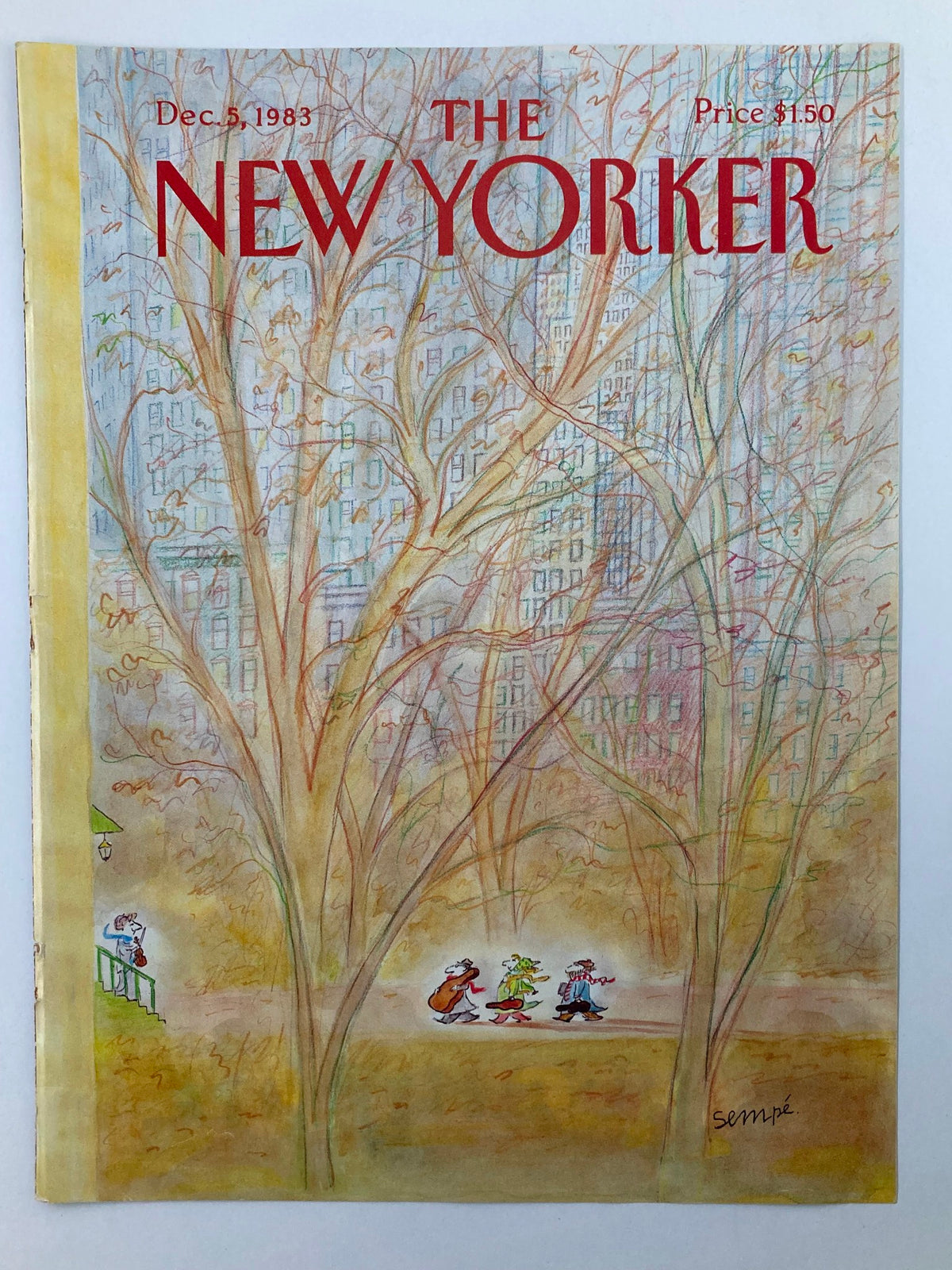 Cover of The New Yorker dated December 5, 1983, showcasing an illustration by J.J. Sempe with the title 'THE NEW YORKER', highlighting a serene scene of characters strolling in a park surrounded by autumn trees.