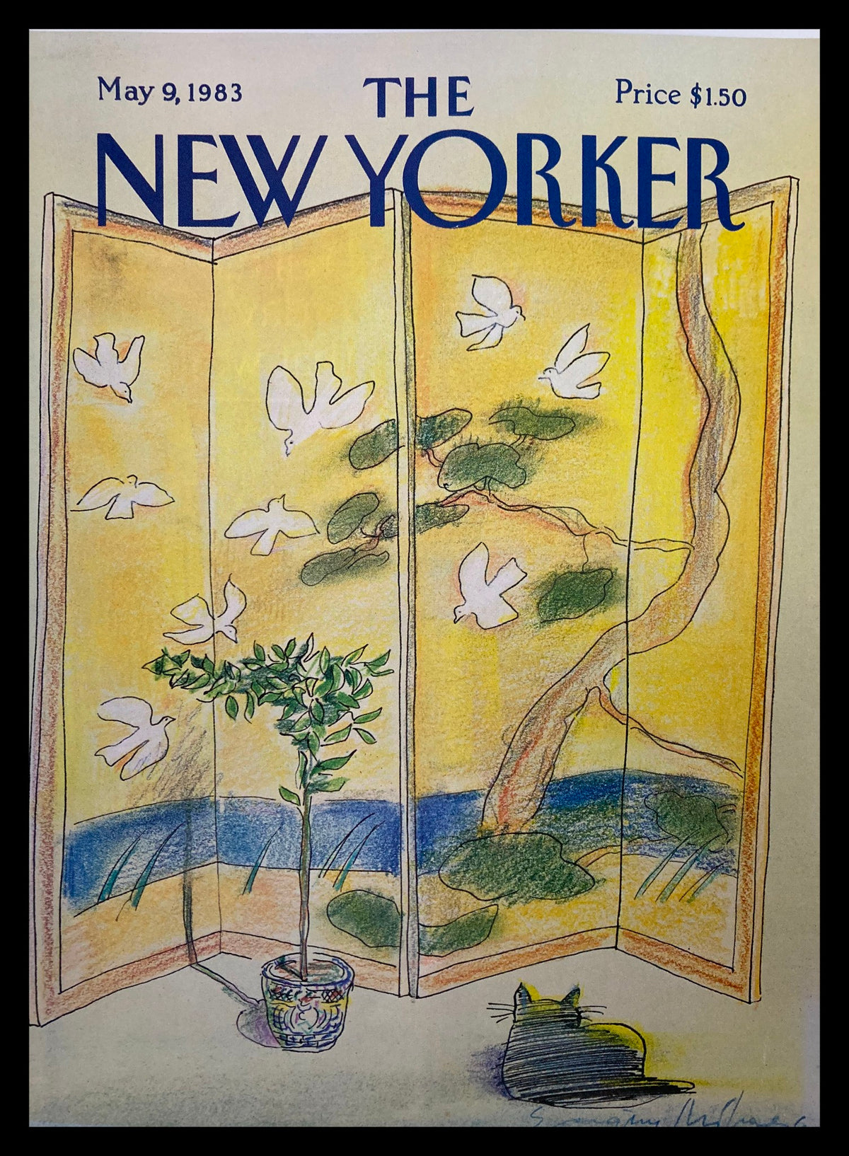 Cover of The New Yorker, May 9, 1983, featuring 'Japanese Wall' illustration by Eugene Mihaesco. Artwork depicts a serene scene with a plant, birds, and a cat, capturing the tranquility and artistic style of the early '80s.