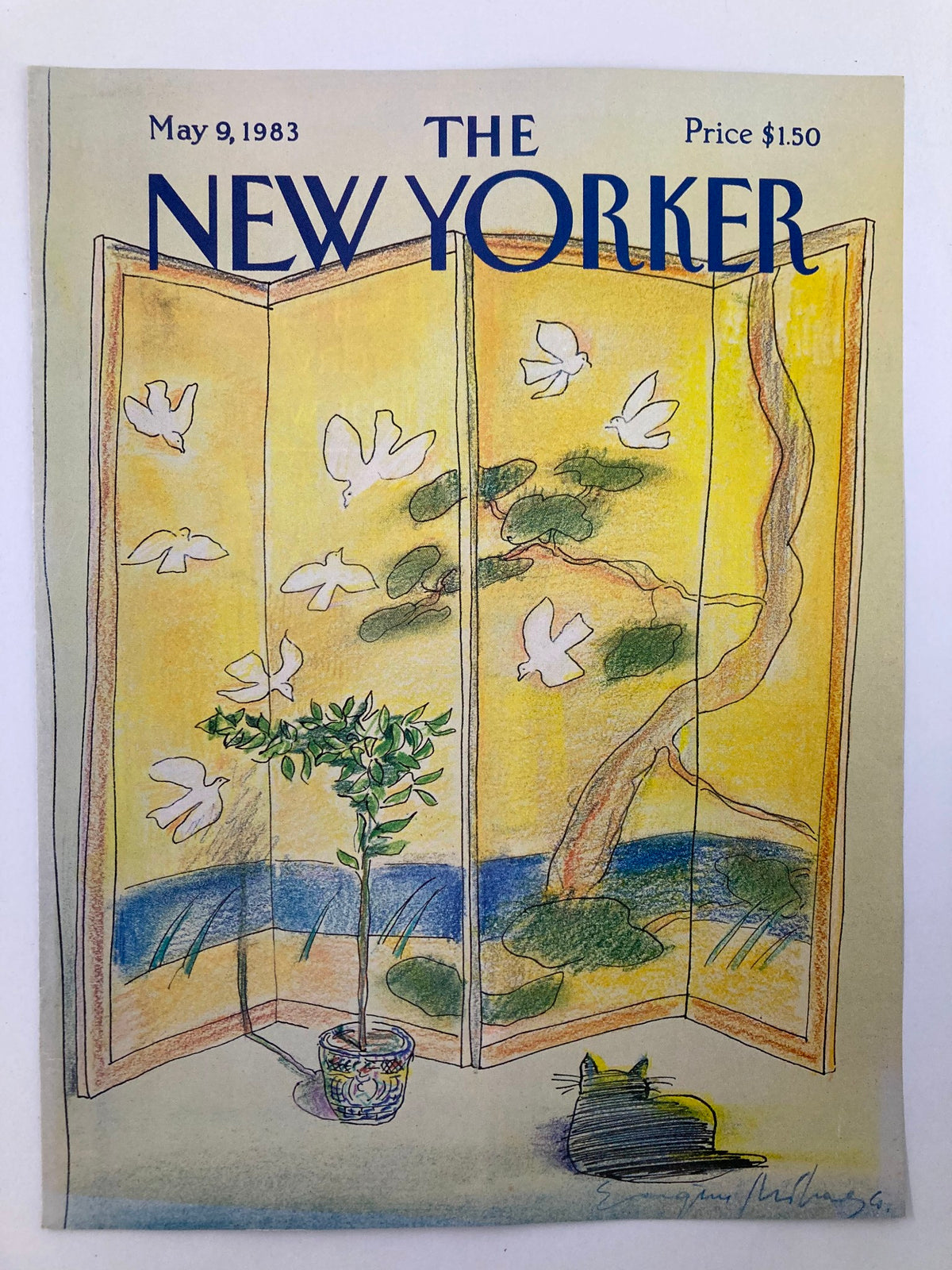 Cover of The New Yorker dated May 9, 1983, featuring 'Japanese Wall' artwork by Eugene Mihaesco, showcasing a serene interior scene with a potted plant, a traditional Japanese screen, and a black cat, perfect for art and magazine collectors.