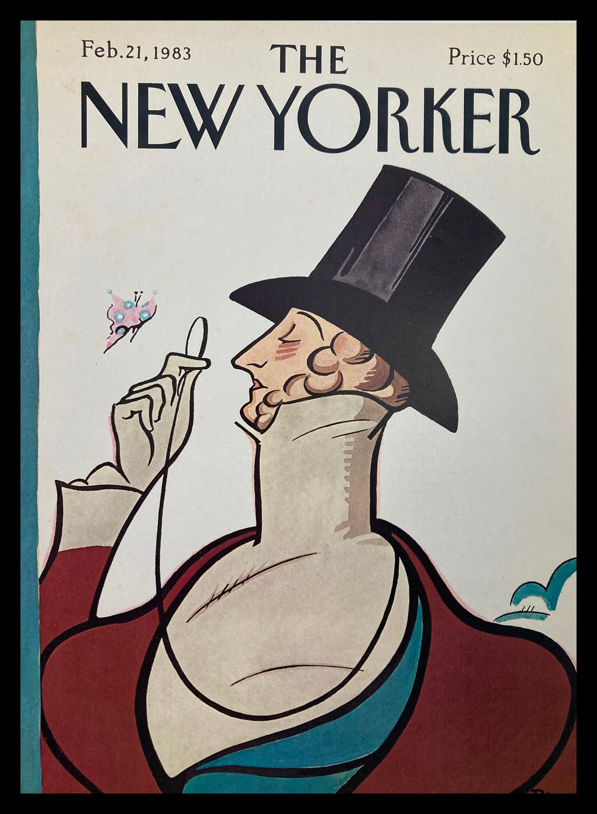 Cover only of The New Yorker February 21, 1983 issue featuring the illustration 'The Gamemaster' by Ira Levin, showcasing a dapper gentleman in a top hat.