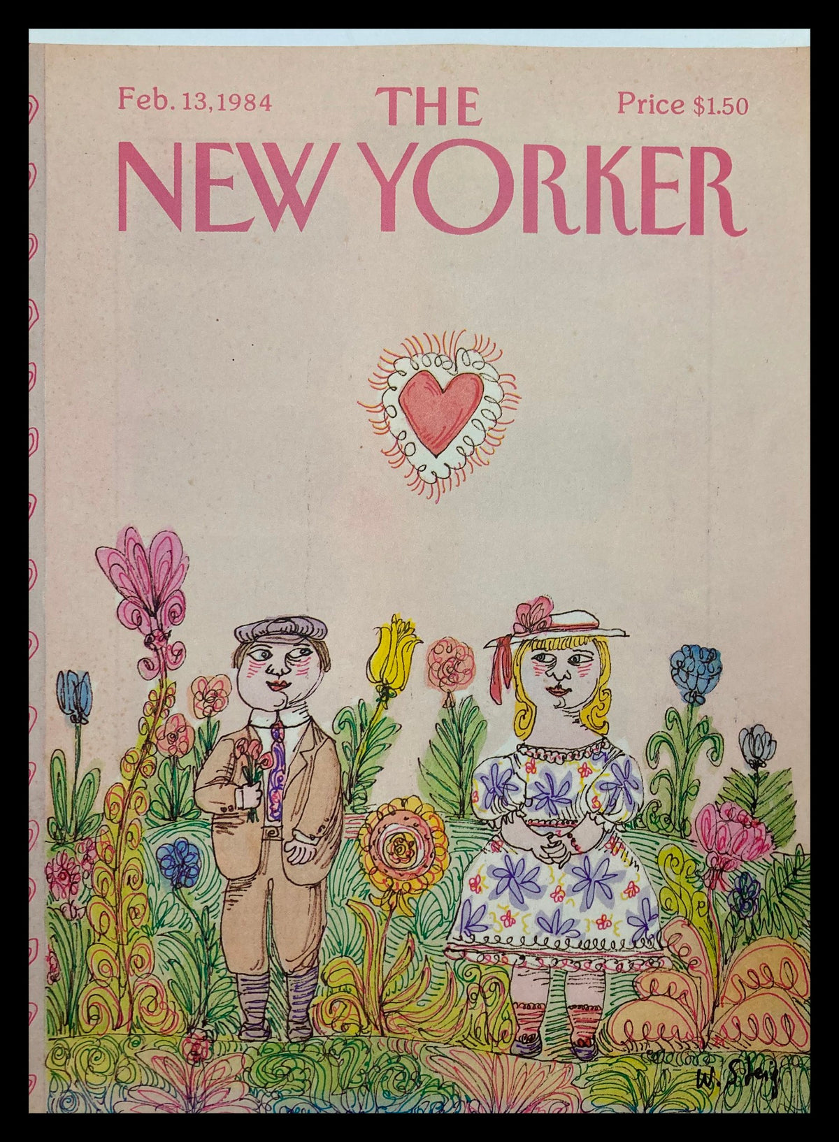 The New Yorker Cover February 13 1984, illustrated by William Steig, featuring a whimsical couple surrounded by colorful flowers.