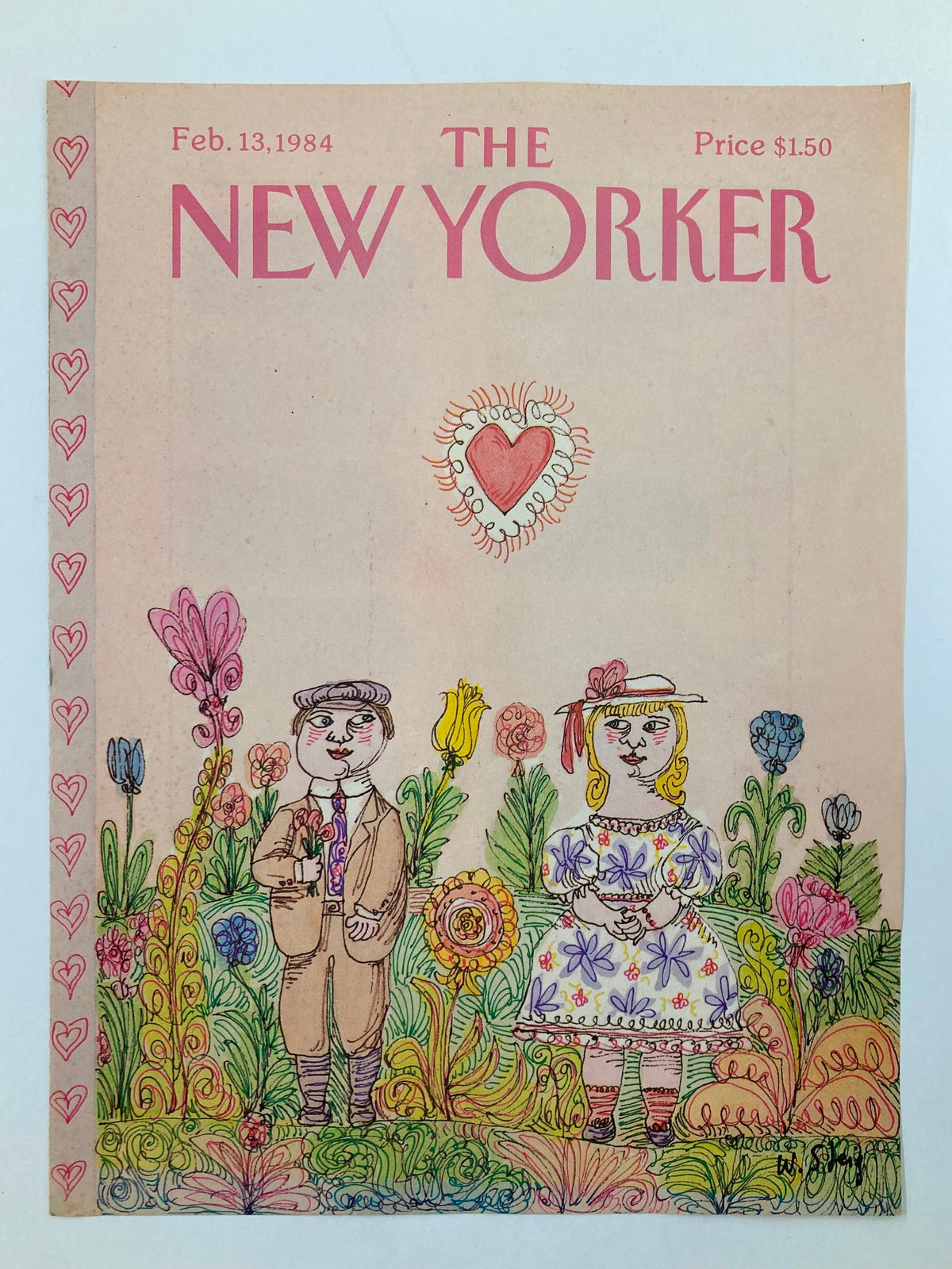 The New Yorker Cover February 13 1984 by William Steig, depicting a charming couple in a floral garden, showcasing the artistic style of the 1980s.