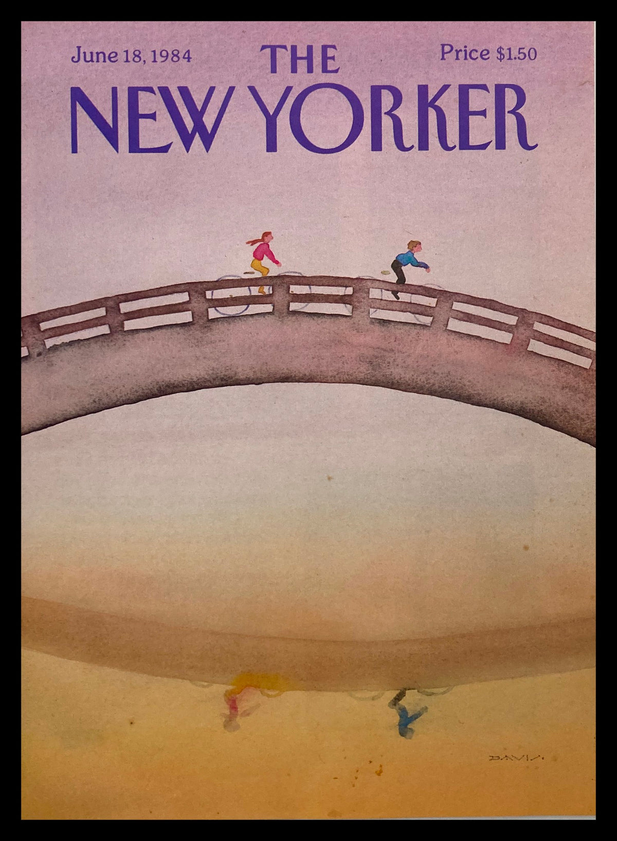 The New Yorker June 18, 1984 cover featuring 'Over The Bridge' by Susan Davis, showcasing a serene bridge scene with children playing, in soft pastel colors.