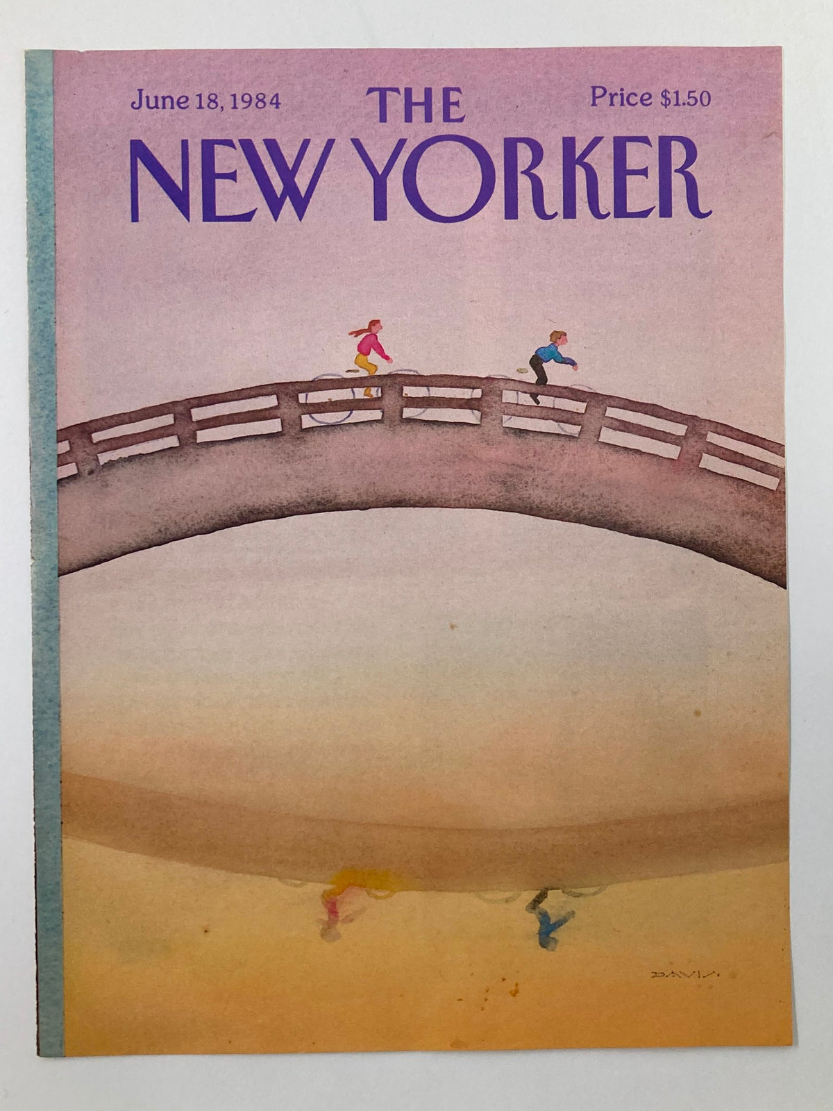 The New Yorker June 18 1984 Cover - Over The Bridge by Susan Davis, featuring a watercolor illustration of two figures on a bridge, showcasing vibrant colors and a serene background.