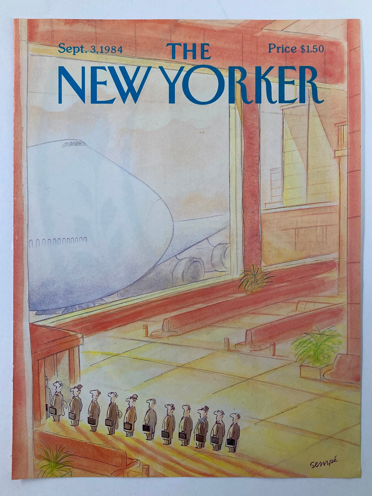 COVER ONLY The New Yorker September 3 1984 Boarding by J. J. Sempe, highlighting a charming scene with passengers ready to board, encapsulating the nostalgic aesthetics of classic magazine covers.