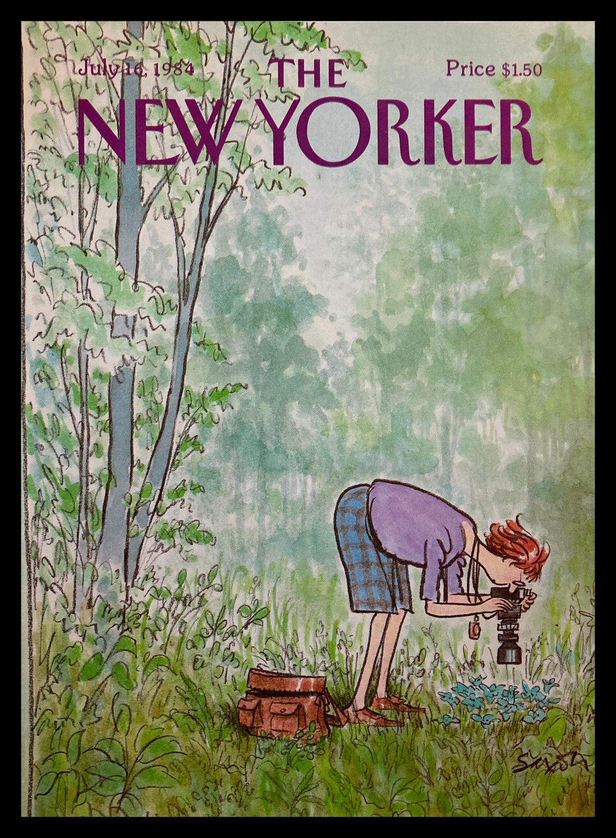 Cover of The New Yorker dated July 16, 1984, featuring an illustration by Charles Saxon showing a woman photographing nature, surrounded by greenery, perfect for collectors and art enthusiasts.