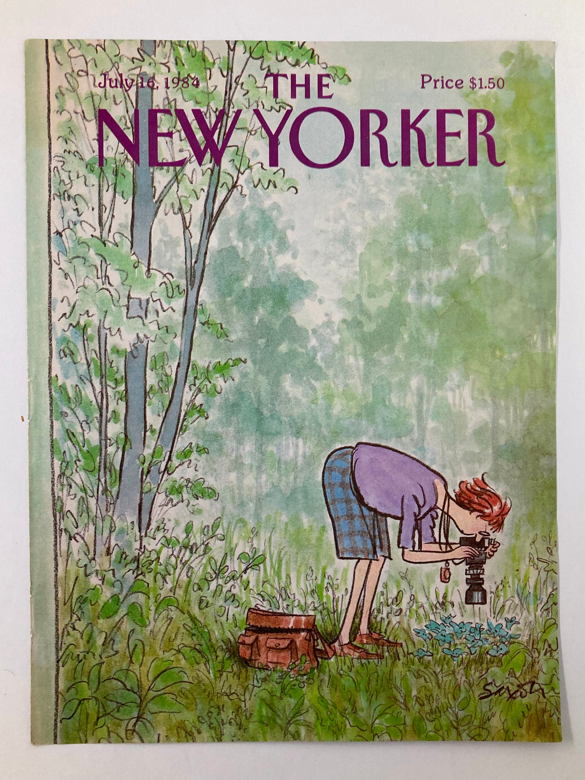 Cover of The New Yorker dated July 16, 1984, featuring photography by Charles Saxon, showcasing a person photographing flowers in a lush green setting.