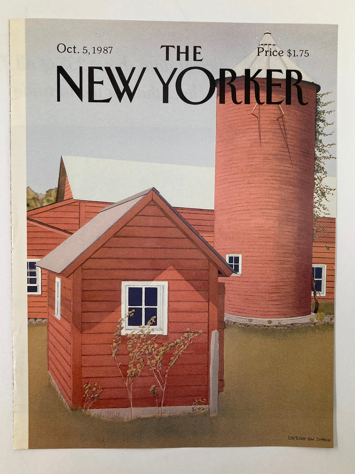 COVER ONLY The New Yorker October 5 1987 Red Barn by Gretchen Simpson, featuring a detailed illustration of a red barn and silo, capturing a nostalgic rural scene.