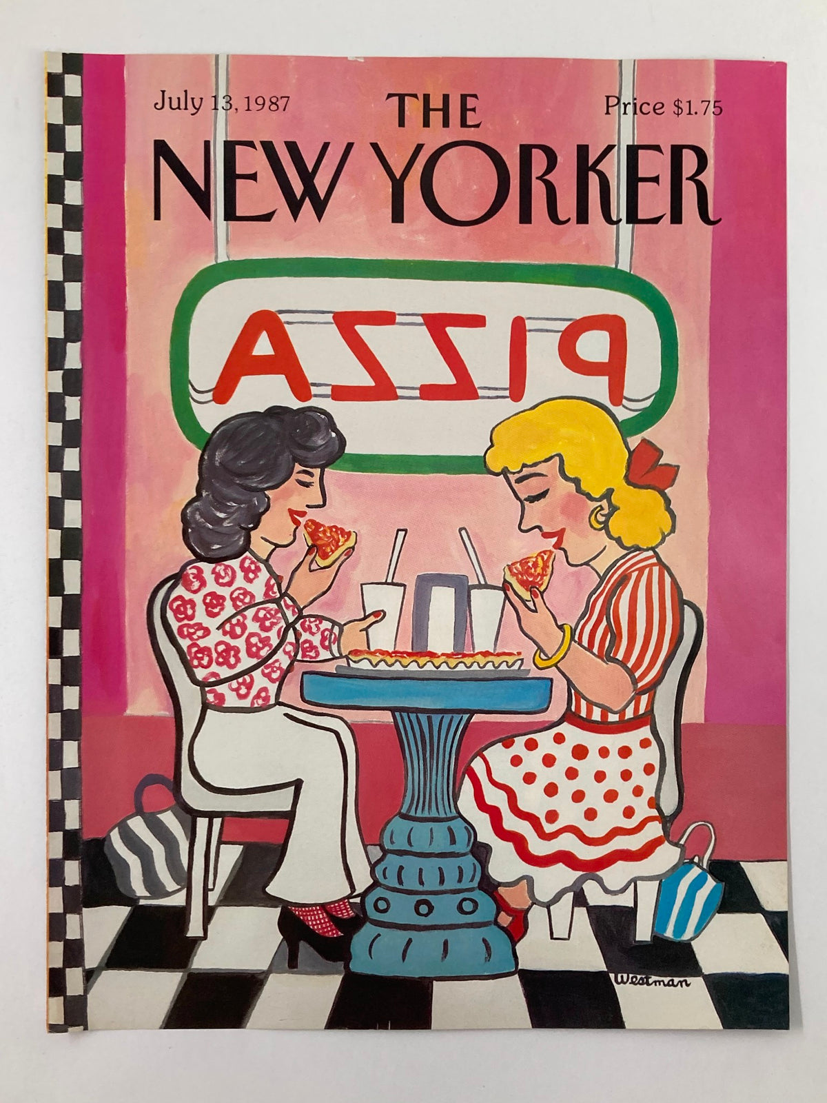 The New Yorker July 13 1987 cover showcasing an artistic depiction of two women at a table eating pizza, surrounded by a retro dining setting. Created by Barbara Westman, this cover captures the charm and nostalgia of the late 1980s.