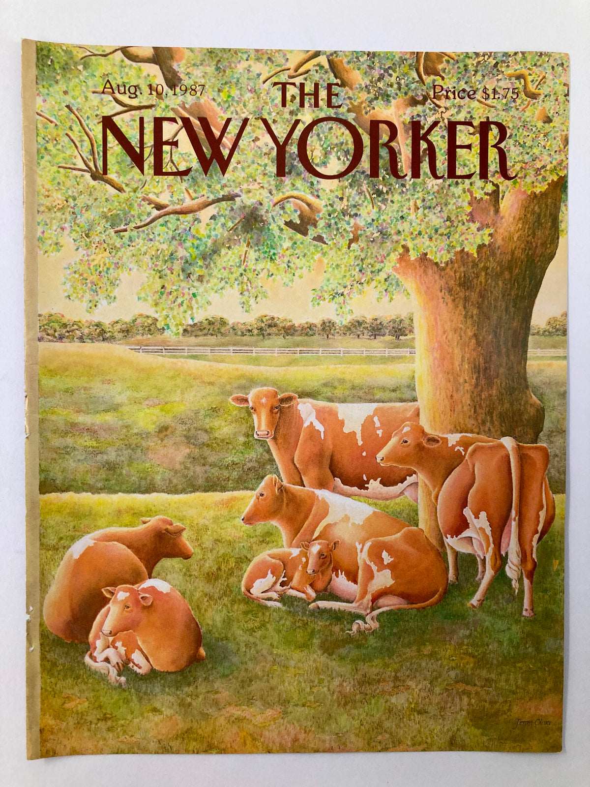Cover only of The New Yorker magazine dated August 10, 1987, depicting a peaceful scene of cows resting under a tree, illustrated by Jenni Oliver.