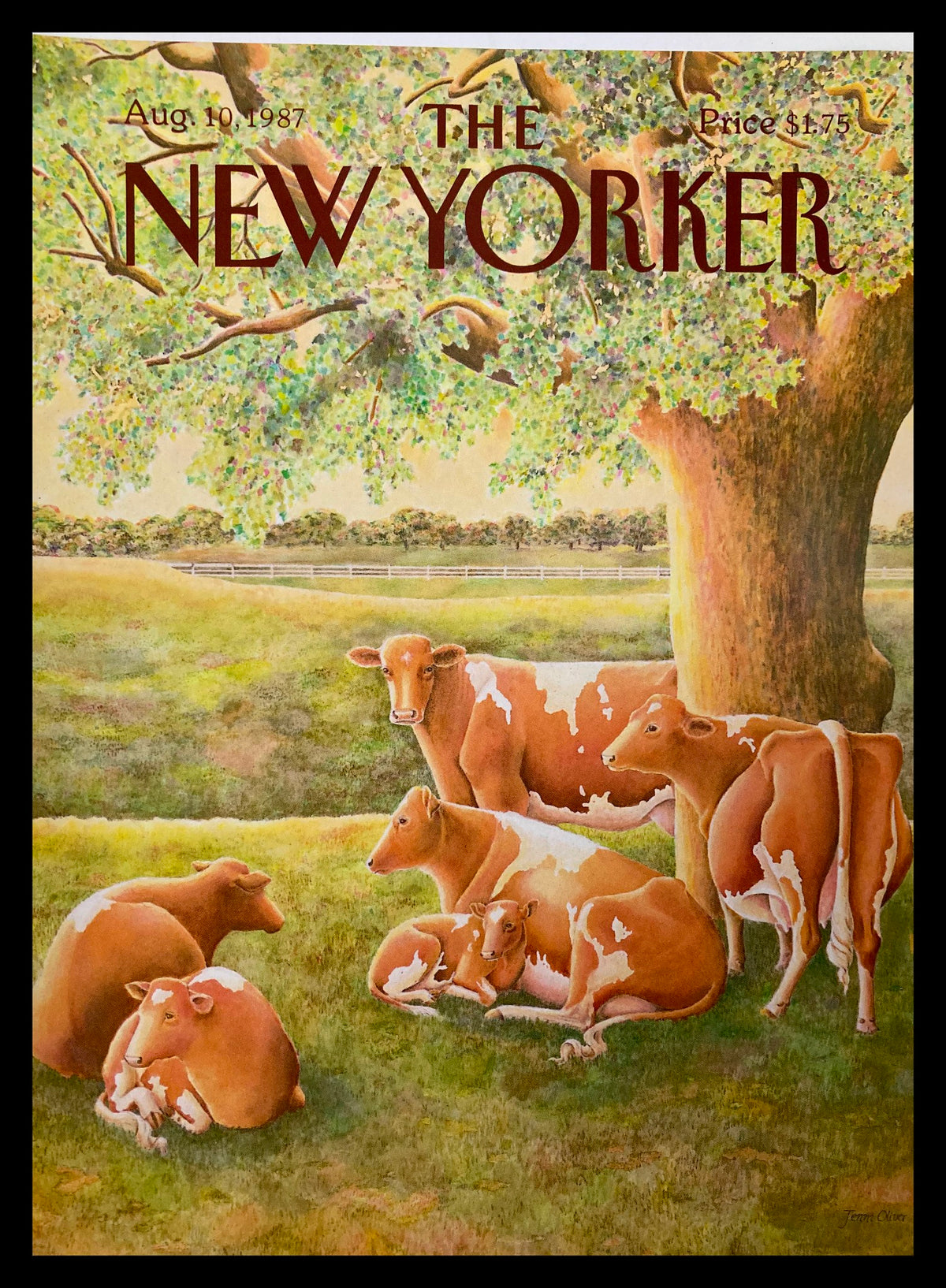 Cover only of The New Yorker from August 10, 1987 featuring an illustration of resting cows by Jenni Oliver. The artwork showcases a serene pastoral scene under a large tree.