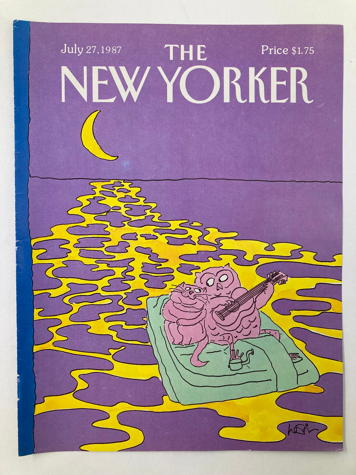 COVER ONLY The New Yorker July 27 1987 with the enchanting 'Moonlight Date' art by Heidi Goennel, depicting a whimsical scene of a cat and an owl on a raft under a moonlit sky, against a vibrant yellow and purple background.