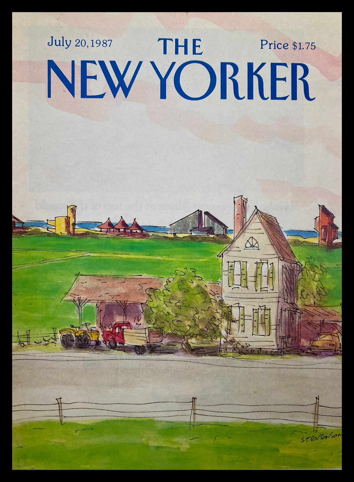 Cover Only The New Yorker July 20 1987 featuring the artwork 'By The Bay' by James Stevenson, depicting a serene landscape with a house and a tractor in a rural setting.