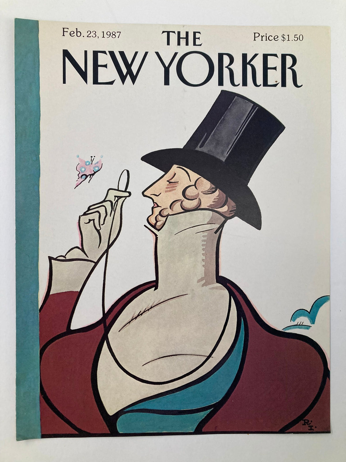 Cover of The New Yorker dated February 23, 1987, showcasing the 'Mastermind' artwork by Ira Levin, depicting a suave character in a top hat with whimsical details.
