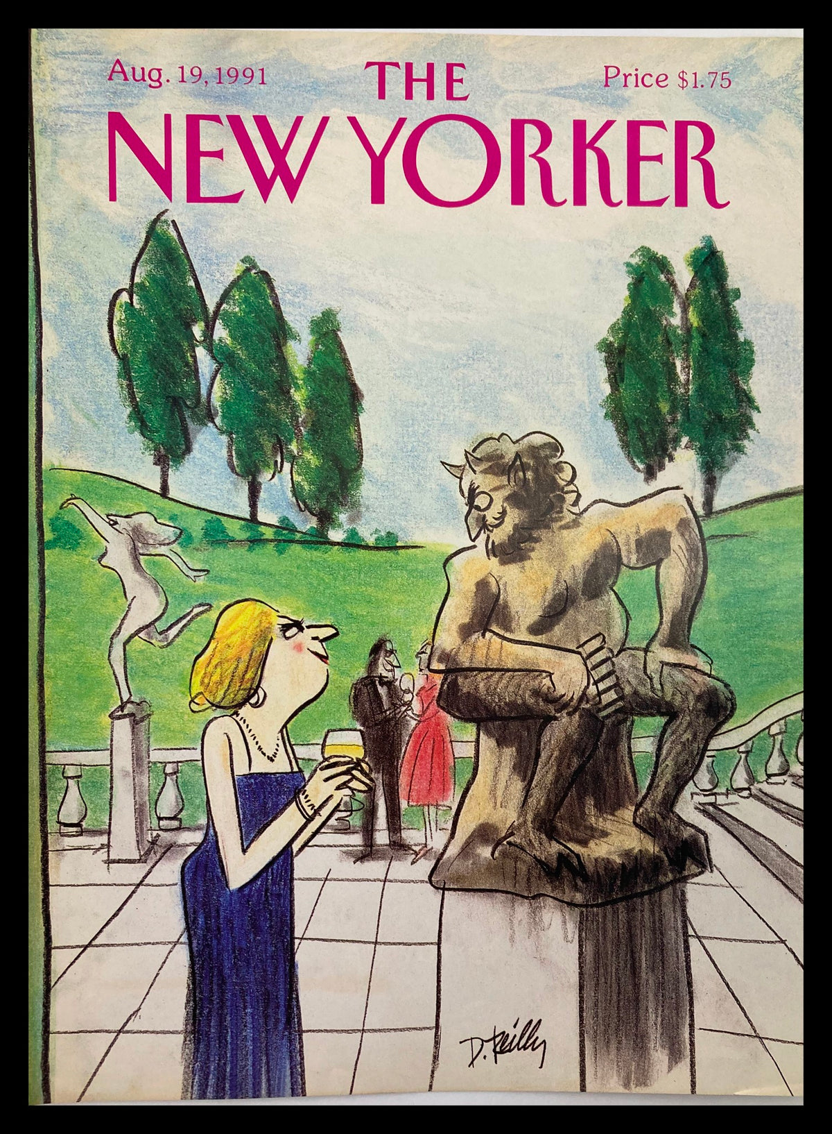 The New Yorker Cover from August 19, 1991, featuring a colorful illustration by Donald Reilly showing a woman in a blue dress holding a drink while admiring a sculpture in a park setting.
