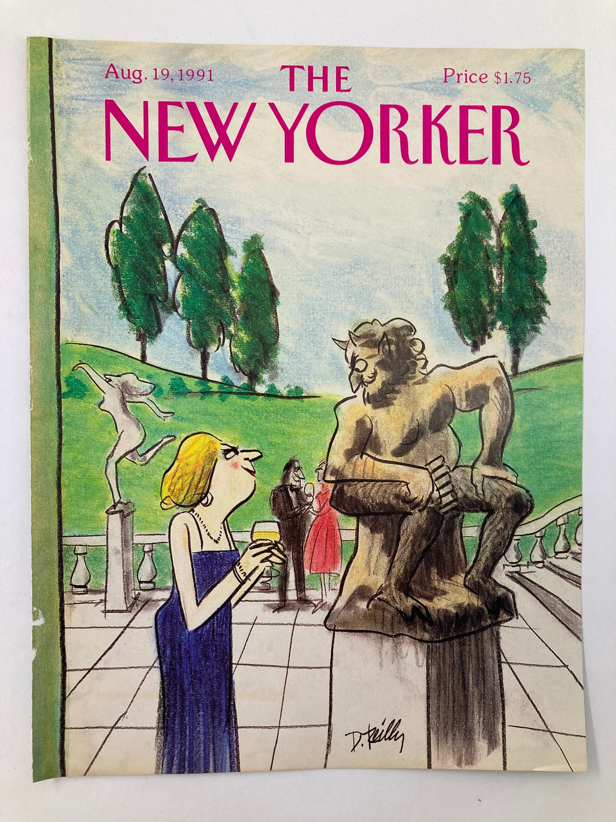 The New Yorker Cover August 19, 1991, showcasing an artistic depiction by Donald Reilly of a woman in a blue gown engaging with a statue in a serene outdoor scene.