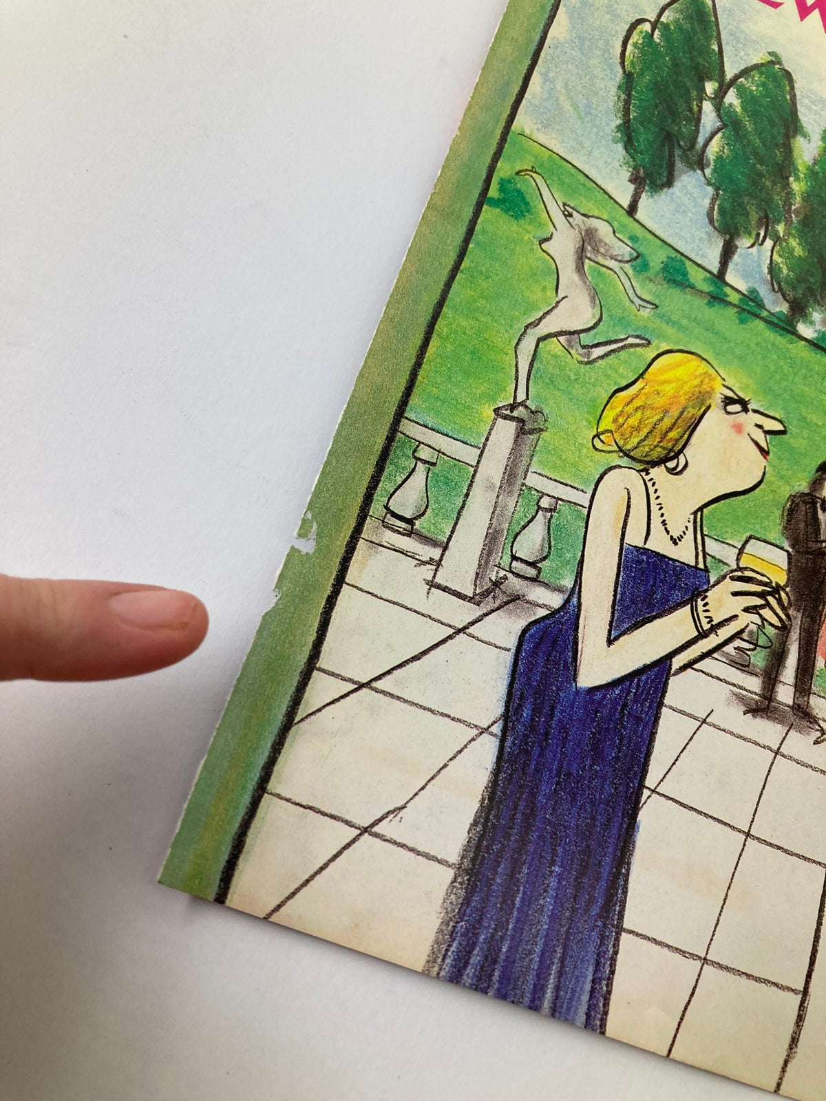 Cover detail from The New Yorker August 19, 1991 titled 'Visitor' by Donald Reilly, depicting a woman in a blue dress holding a drink, with a statue and green landscape in the background.