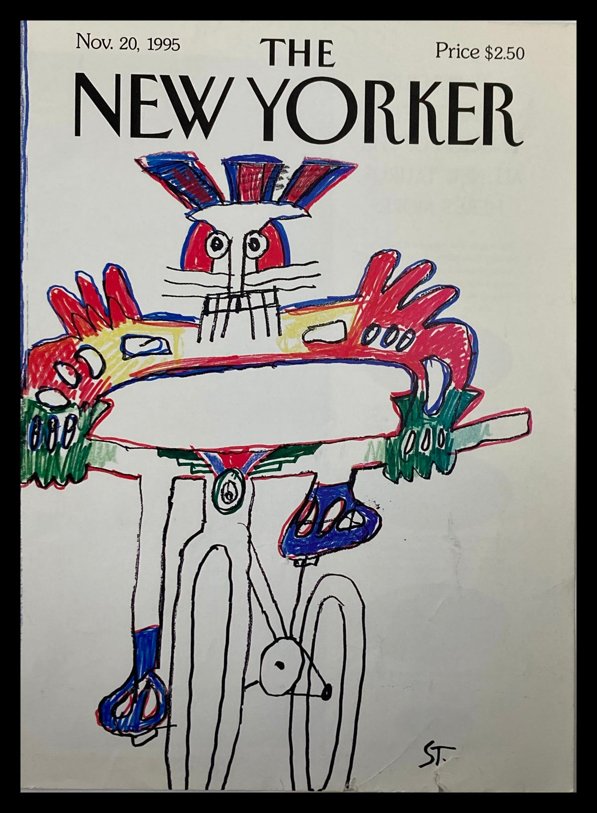 Cover art of The New Yorker, November 20, 1995, featuring a colorful illustration of a bicyclist by Saul Steinberg, showcasing whimsical urban life.
