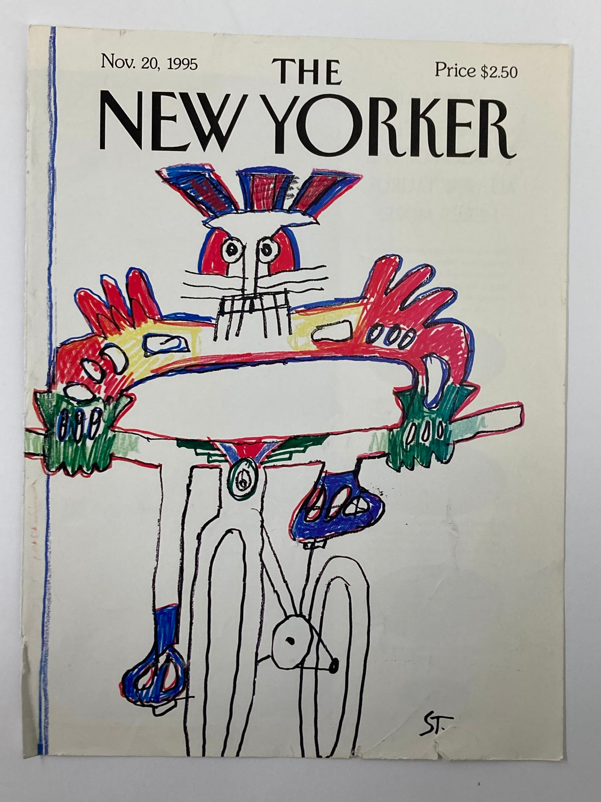Close-up view of The New Yorker cover from November 20, 1995, depicting a bicyclist illustration by Saul Steinberg, rich in color and detail.