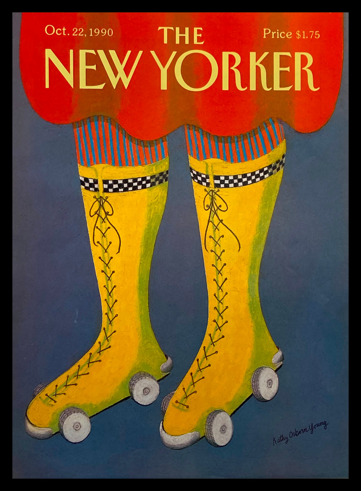 Cover of The New Yorker dated October 22, 1990, featuring whimsical yellow roller skates, illustrated by Kathy O. Young. The cover showcases vibrant colors and an artistic design, making it a unique collectible for magazine enthusiasts.