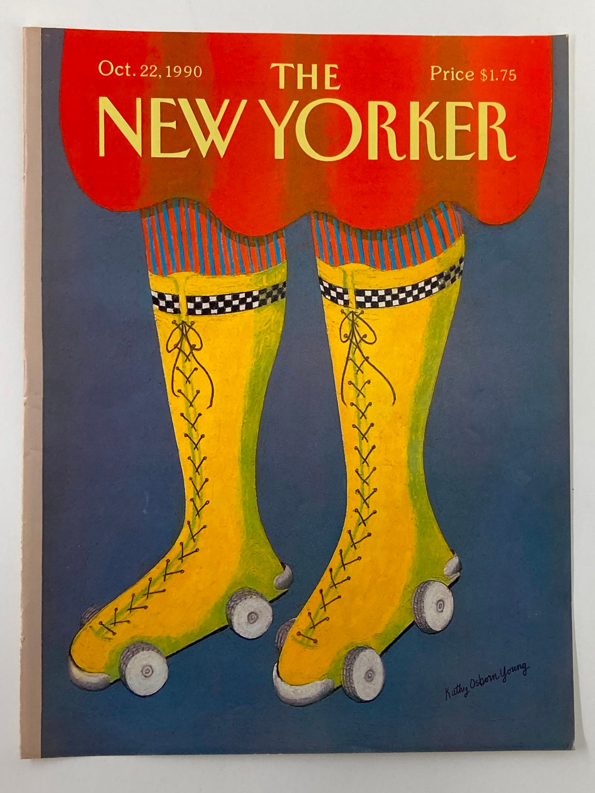 Cover of The New Yorker magazine from October 22, 1990, featuring vibrant yellow roller skates by Kathy O. Young, with red and blue striped accents and a dark background. The magazine is priced at $1.75.
