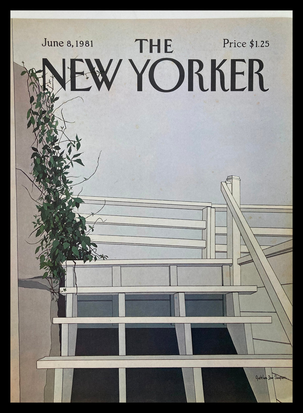Cover of The New Yorker June 8 1981 featuring 'White Stairs' by Gretchen Simpson, showcasing a modern staircase intertwined with plants.