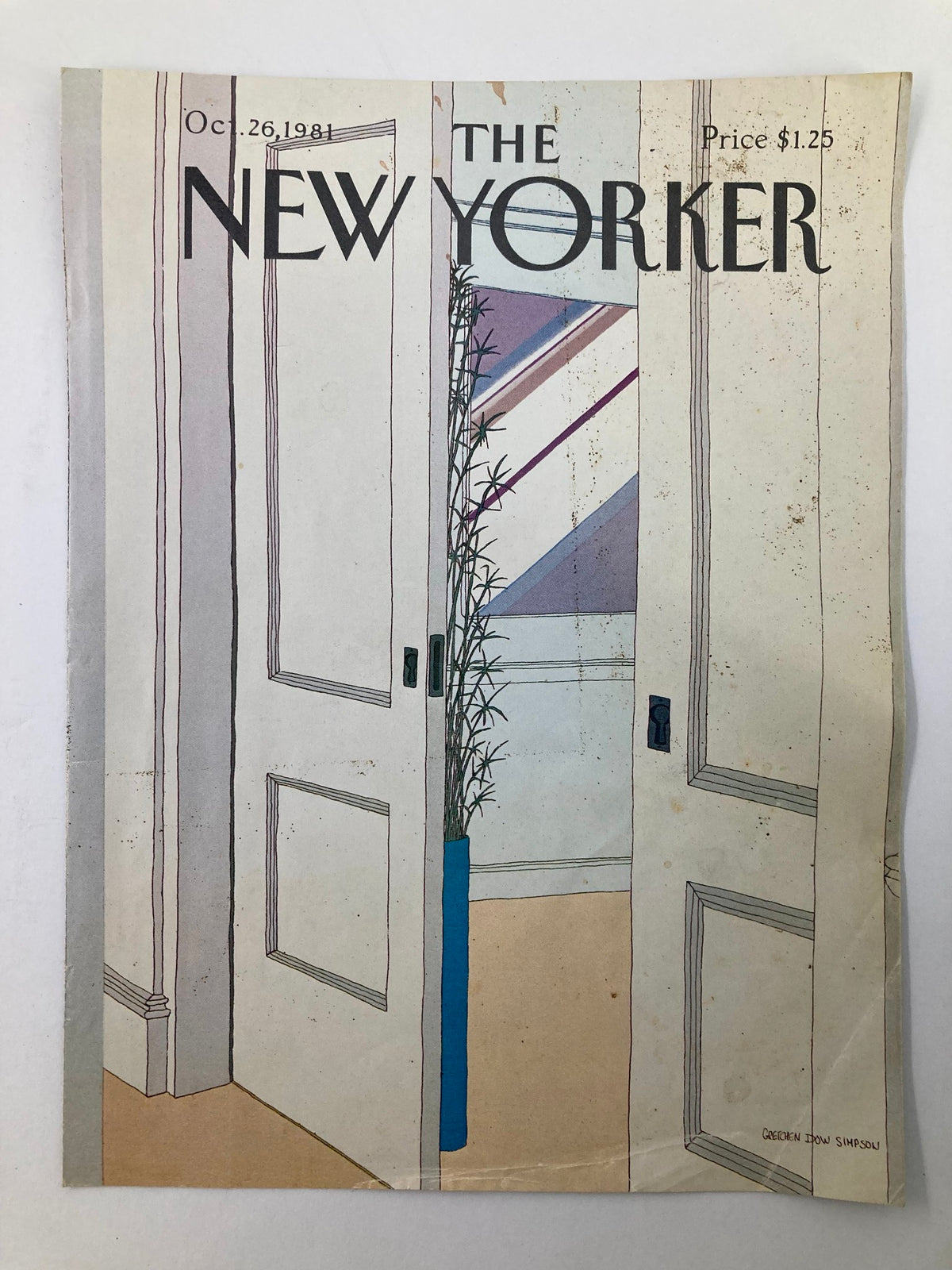 COVER ONLY The New Yorker October 26 1981 Open Doors by Gretchen S. showcasing the cover art featuring two open doors with a blue planter and striped background.