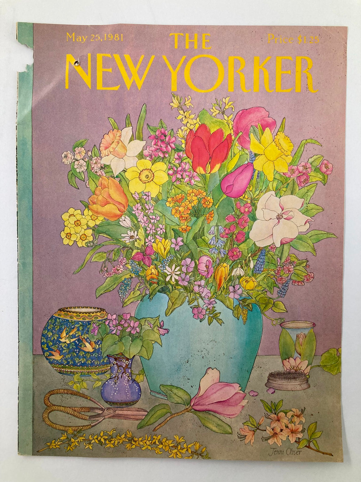 COVER ONLY The New Yorker May 25 1981 Flower Vase by Jenni Oliver. The magazine cover displays a colorful bouquet of flowers in a charming decorative vase, highlighting the unique art style of the early 1980s.