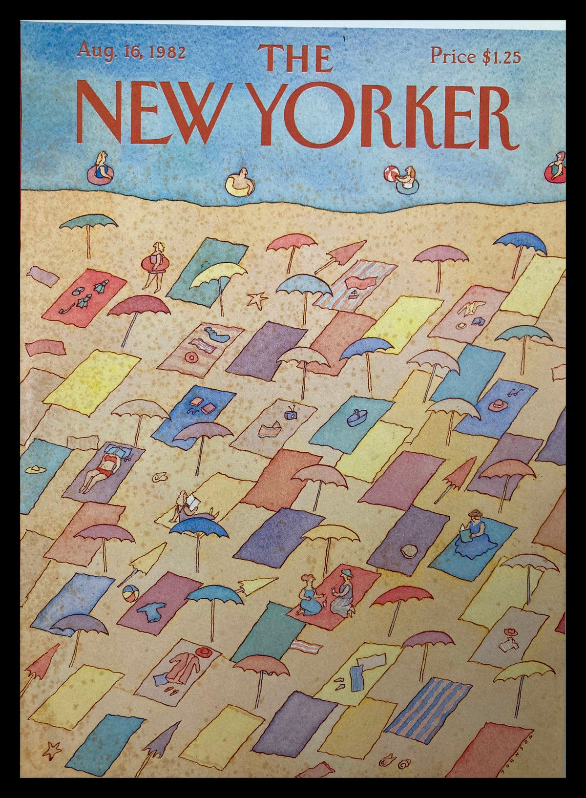 The New Yorker August 16 1982 magazine cover featuring Beach Vibe illustration by L.S. Johnson, showcasing colorful beach umbrellas and sunbathers on a sandy shore.