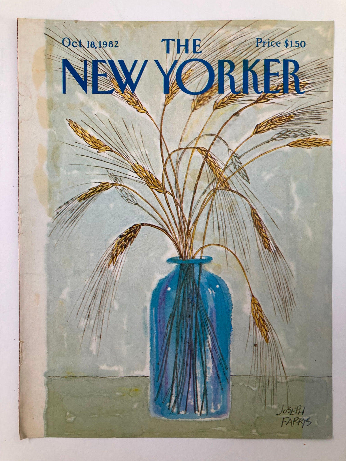 Cover of The New Yorker from October 18, 1982 displaying a blue vase with wheat, created by artist Joseph Farris. This vintage magazine cover highlights a simple yet elegant artwork.