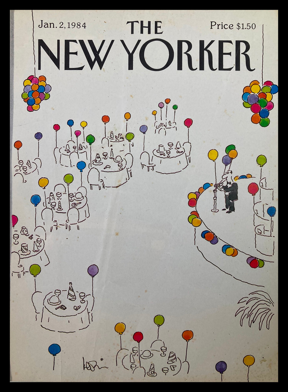 COVER ONLY The New Yorker January 2 1984 Party by Heidi Goennel, featuring a vibrant party scene with tables, balloons, and guests in a festive setting.
