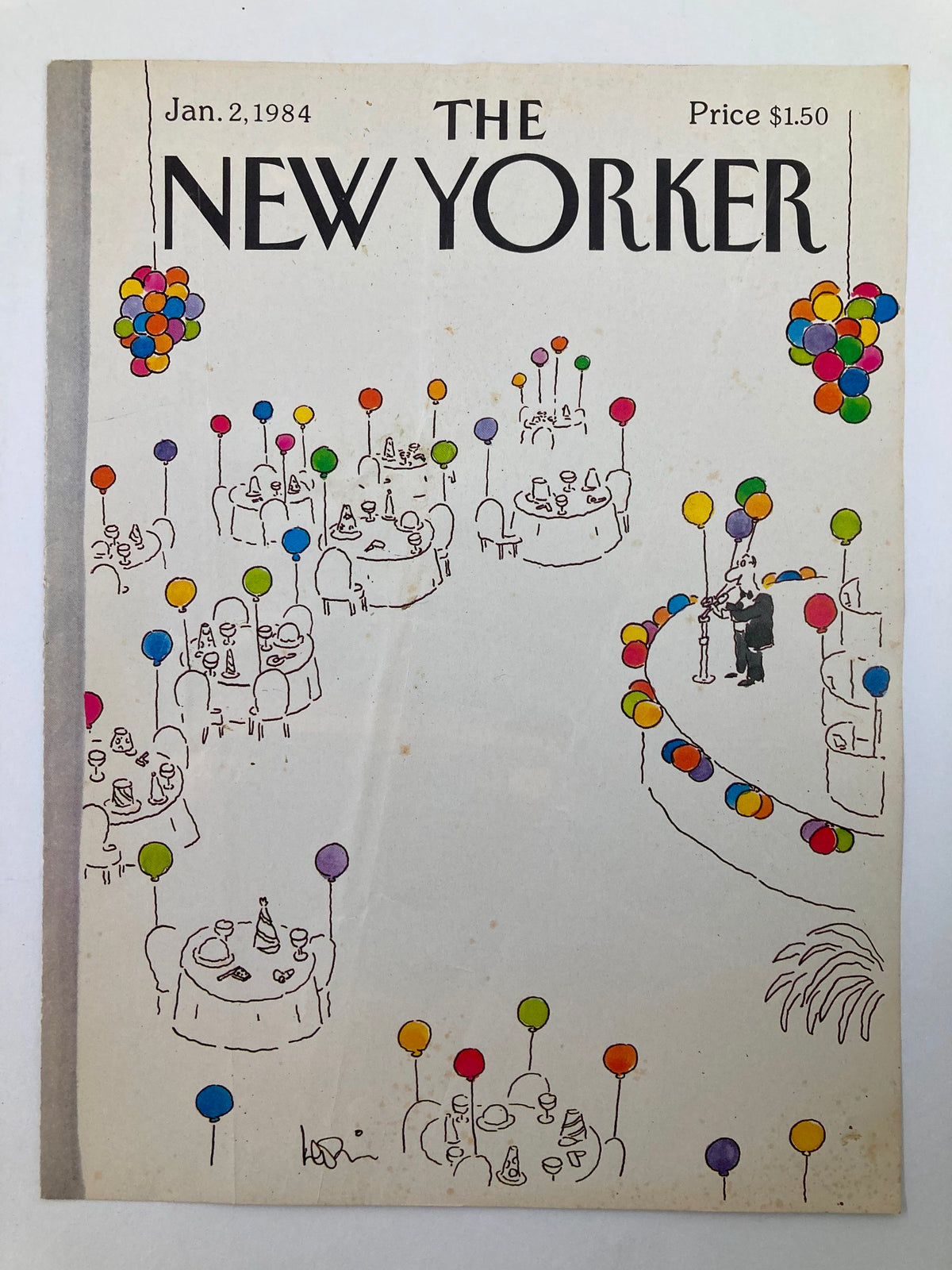 COVER ONLY The New Yorker January 2 1984 Party by Heidi Goennel, showcasing a colorful illustration of a party atmosphere with balloons and dining tables.