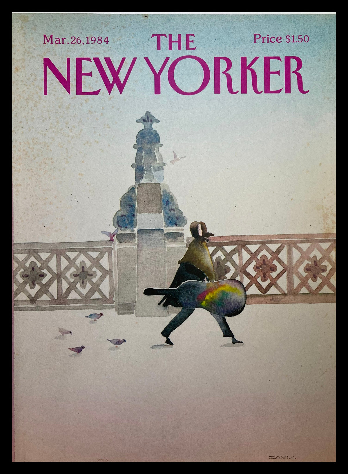 The New Yorker March 26 1984 cover featuring an illustration titled 'Musician' by Susan Davis, showcasing a figure with a musical instrument and birds in a soft watercolor style.