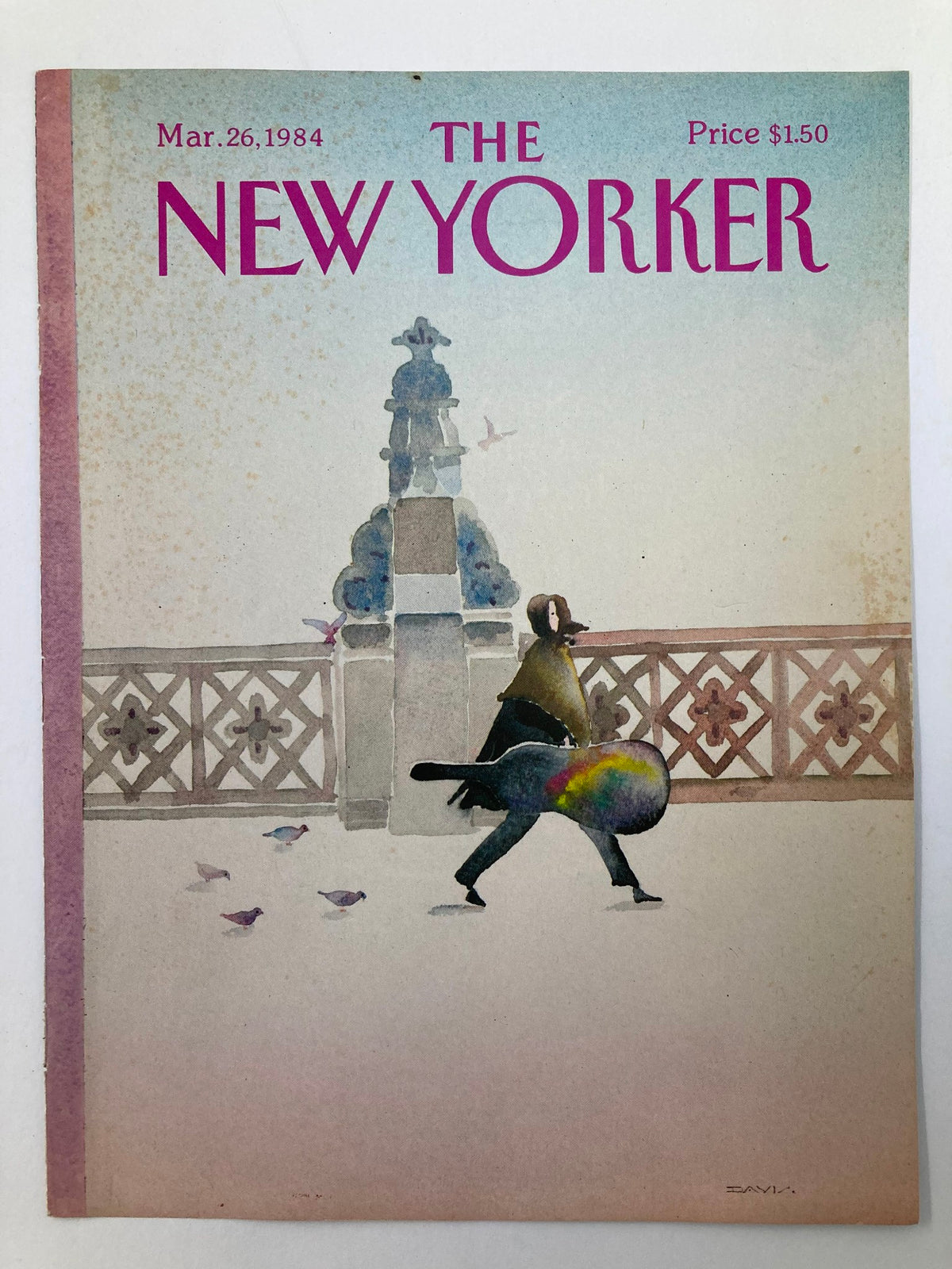 The New Yorker March 26 1984 cover, designed by Susan Davis, depicting a musician with a colorful instrument and birds in a light watercolor setting.