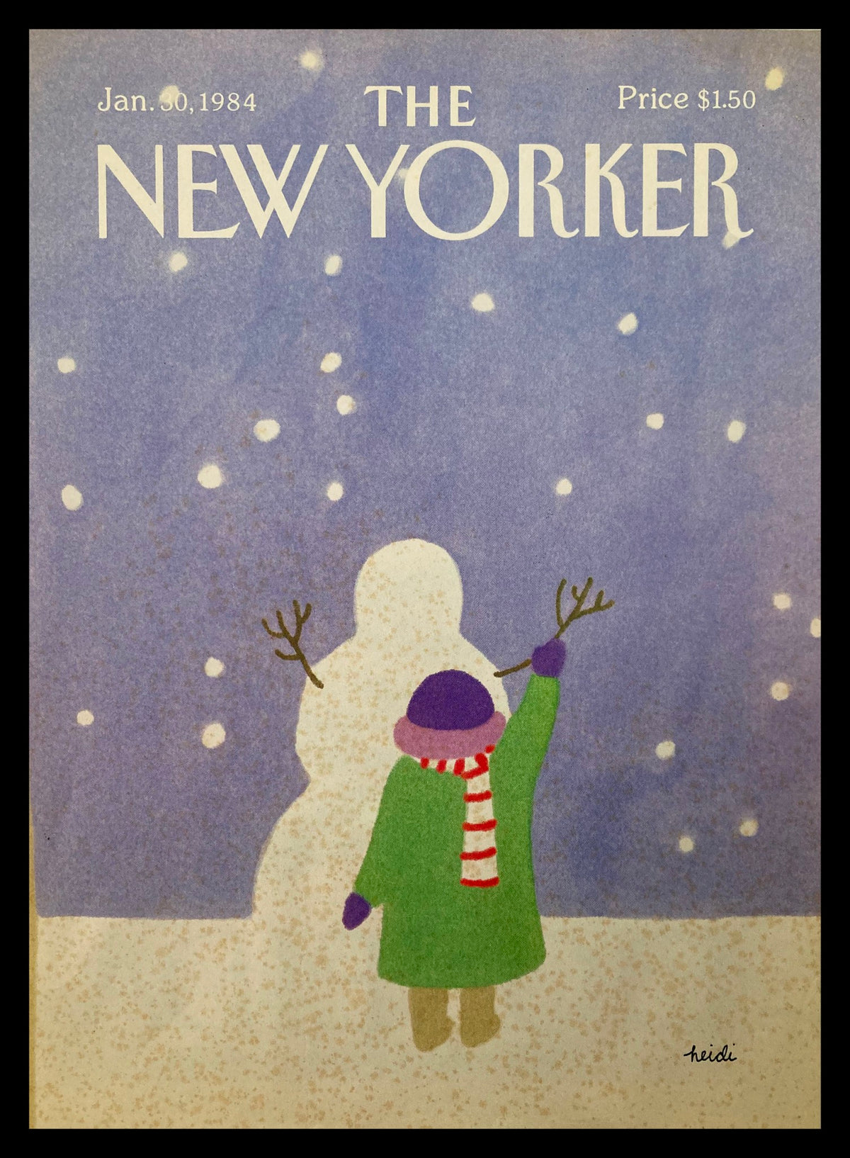 The New Yorker January 30, 1984 cover titled 'Building Snowman' by Heidi, featuring a child in a green coat with a red and white striped scarf joyfully building a snowman against a snowy background.