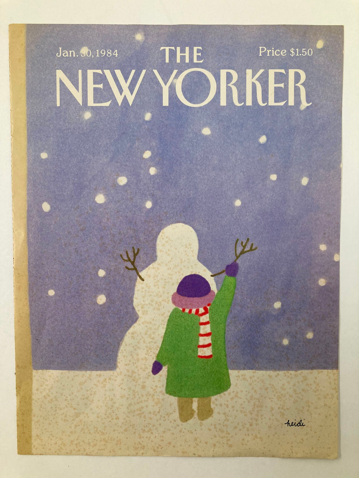 The New Yorker January 30, 1984 cover titled 'Building Snowman' by Heidi, showcasing a child dressed in winter attire creating a snowman in a serene, snowy setting.