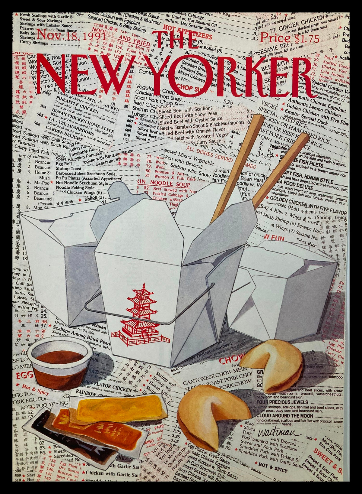 Cover of The New Yorker, November 18, 1991, featuring an artistic representation of Chinese food, with take-out boxes, fortune cookies, and chopsticks, showcasing the culinary scene of the early '90s.