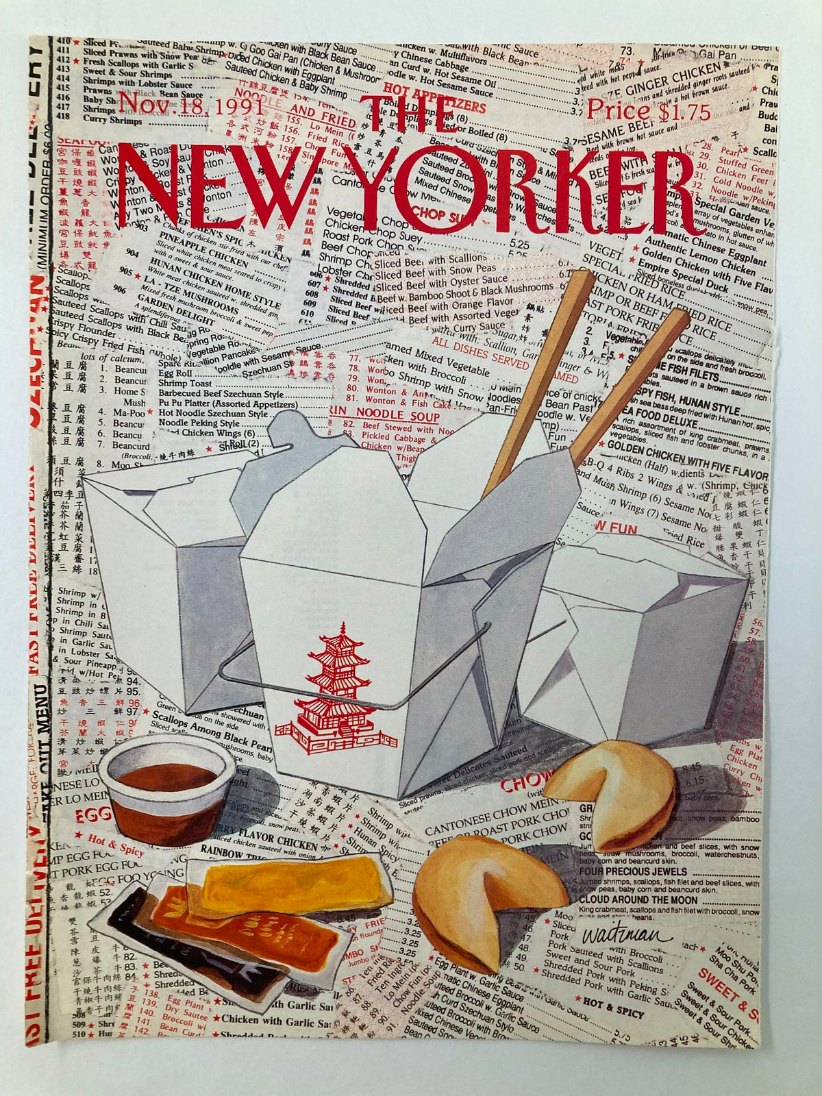 Cover of The New Yorker, November 18, 1991, displaying illustrated Chinese cuisine elements including take-out containers, fortune cookies, and chopsticks, reflecting the era's gastronomic trends.