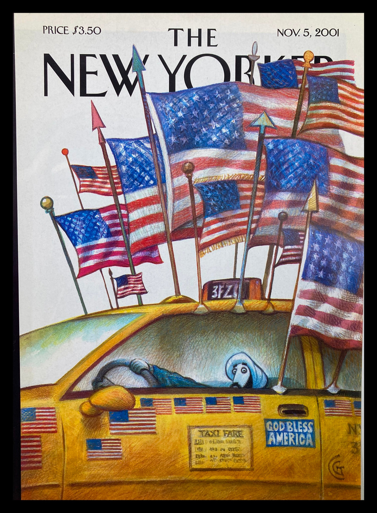 Cover of The New Yorker November 5, 2001, titled 'Taxi Fare' by Carter Goodrich, featuring a whimsical illustration of a taxi surrounded by numerous American flags.