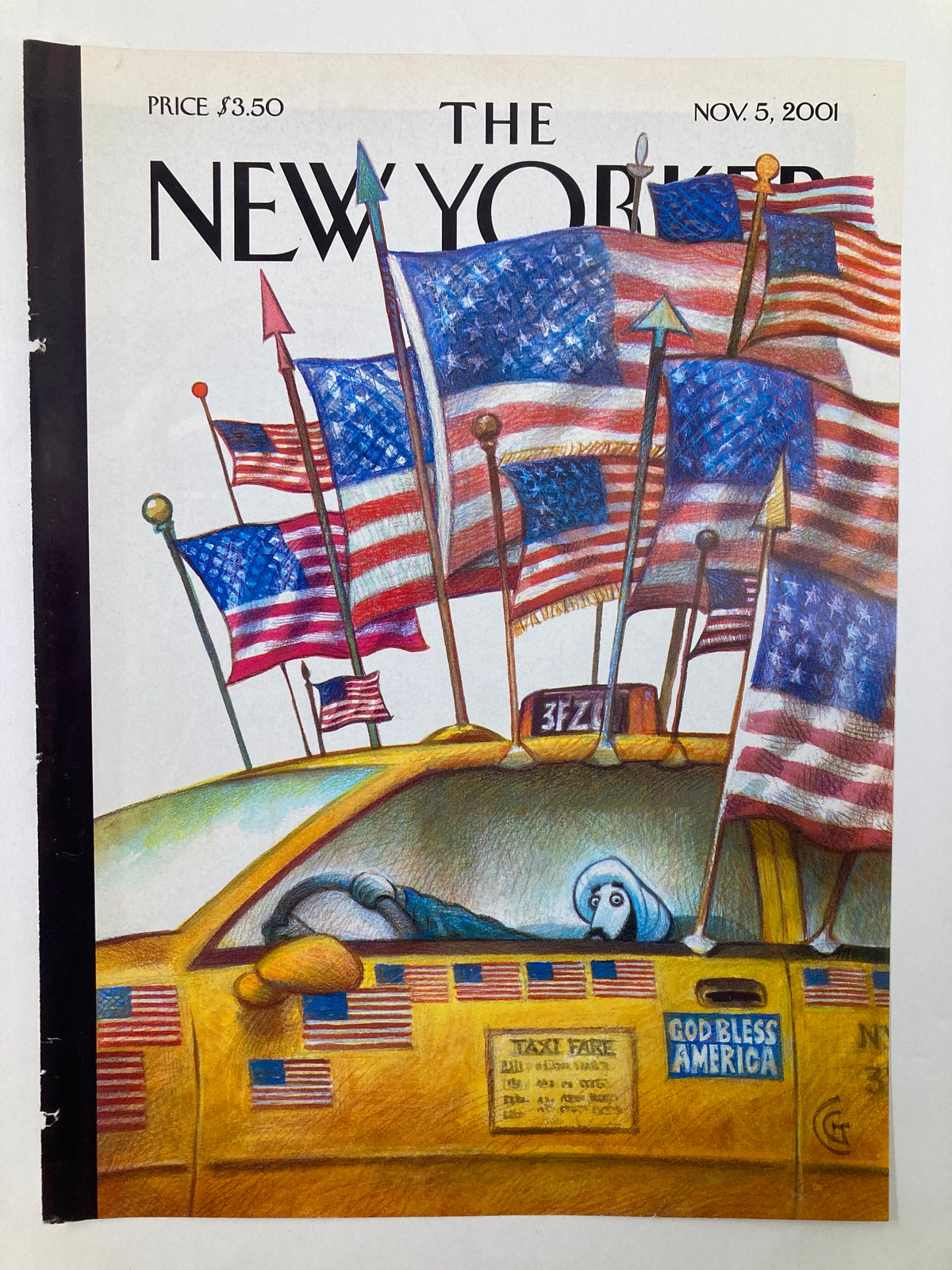 Cover of The New Yorker November 5, 2001, titled 'Taxi Fare' by Carter Goodrich, showcasing a colorful taxi illustration decorated with American flags.