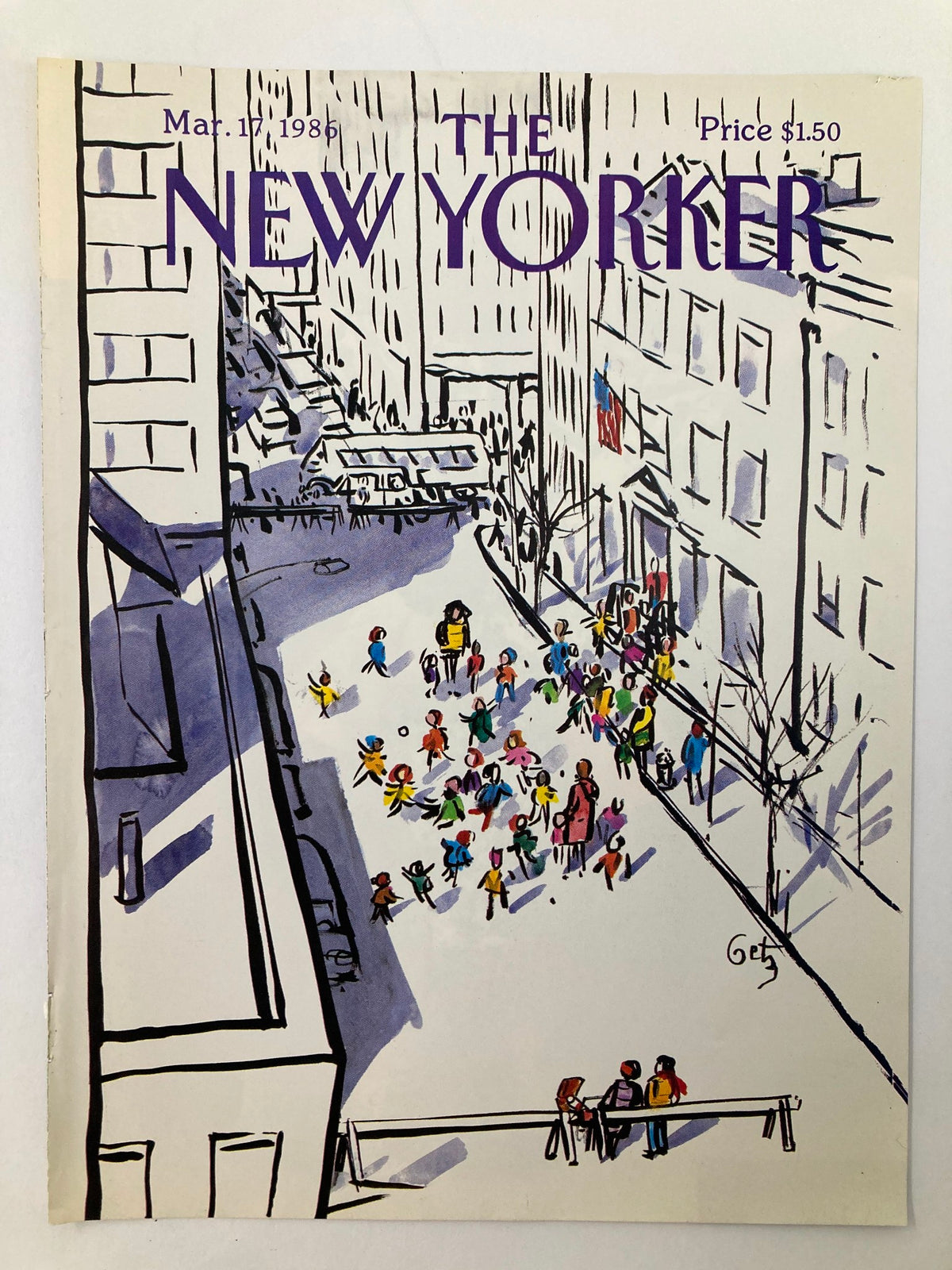 Cover Only The New Yorker March 17 1986 Community by Arthur Getz displaying an artistic scene of a community gathering in New York City.