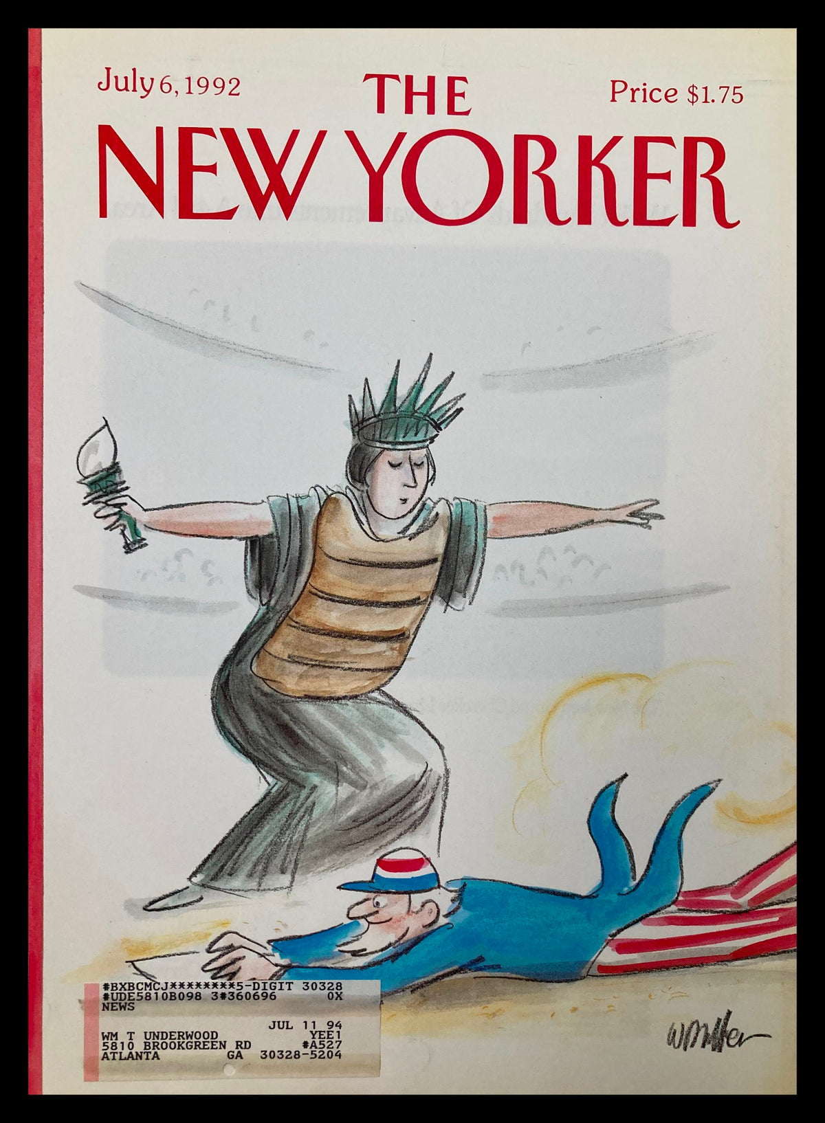 Cover of The New Yorker July 6, 1992, featuring Lady Liberty and Uncle Sam by W. Muller, showcasing a humorous depiction of iconic American symbols.