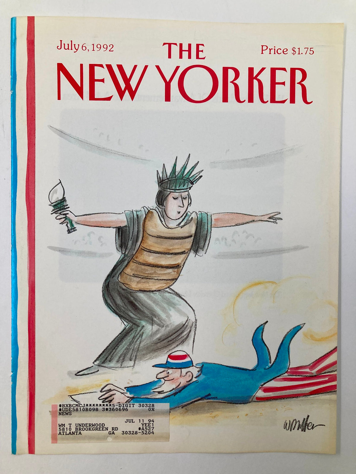 The New Yorker cover from July 6, 1992, illustrated by W. Muller, highlighting Lady Liberty and Uncle Sam in a striking and whimsical design.