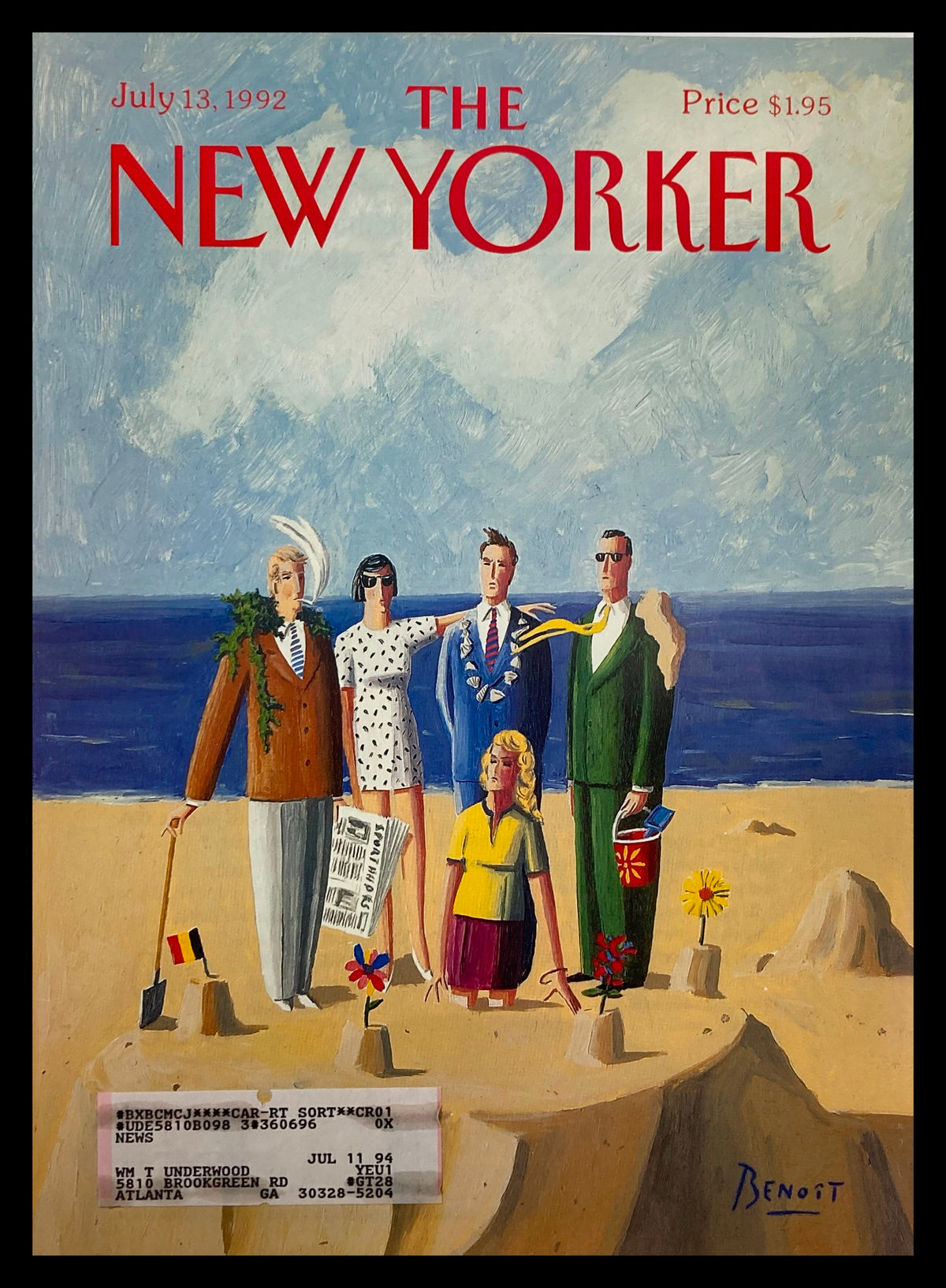 Cover of The New Yorker July 13, 1992, titled 'Beach Owners' by Chris Benoit, featuring a whimsical beach scene with six characters, each representing various aspects of beach culture, painted in vibrant colors against a seaside backdrop.
