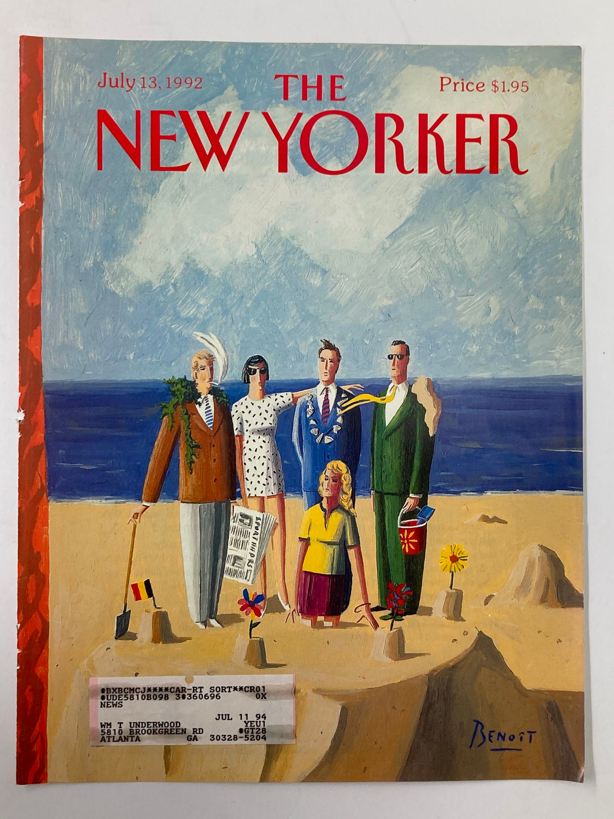 Cover of The New Yorker July 13, 1992 titled 'Beach Owners' by Chris Benoit, featuring whimsical beachgoers in colorful attire against a scenic seaside backdrop.