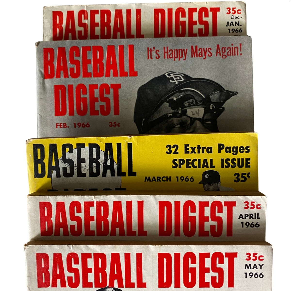 Extremely Rare Complete Lot of 30 Baseball Digest Magazines (1963–1969) featuring five issues stacked vertically, showcasing magazine covers from February, March, April, May, and June 1966.
