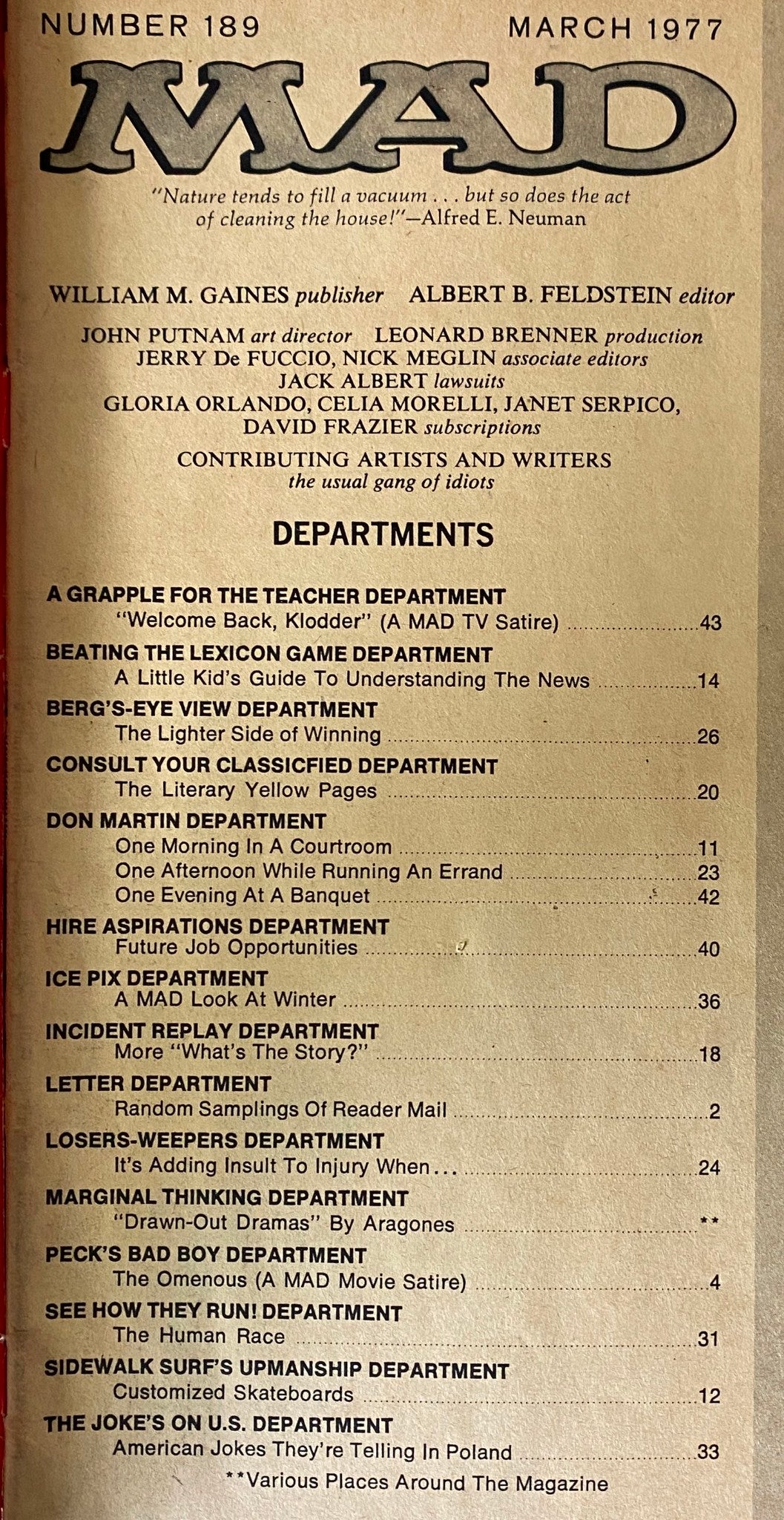 Table of contents page of Mad Magazine March 1977 No. 189, listing various comedic sections and articles, including 'Welcome Back, Klodder' and other humorous features.