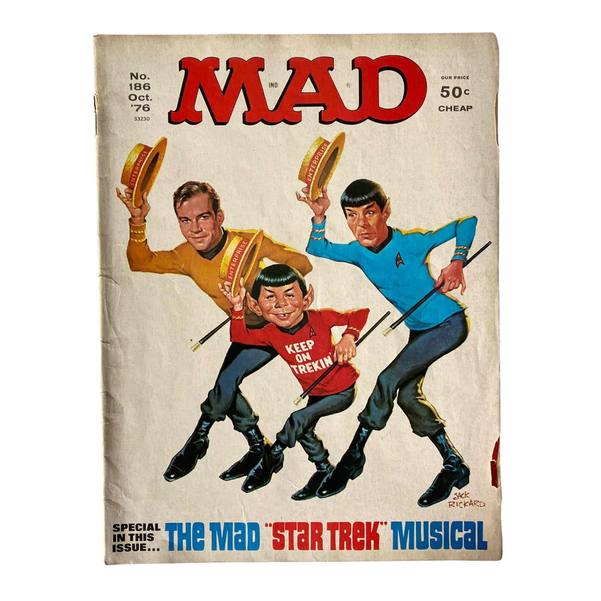 Cover of Mad Magazine October 1976 No. 186 featuring a Star Trek musical parody titled "Keep On Trekin'" with characters dressed as iconic Star Trek characters in a humorous pose.