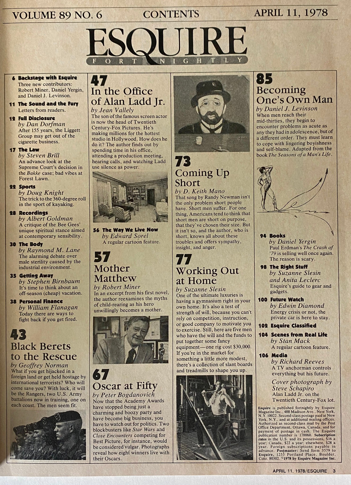 Table of contents from Esquire Magazine April 11, 1978, volume 89, no. 6. Highlights include articles about Alan Ladd Jr. and various cultural topics of the late 1970s.